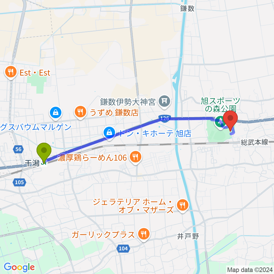 干潟駅から旭市総合体育館へのルートマップ地図