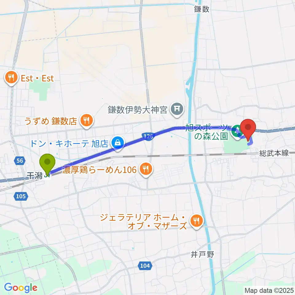 干潟駅から旭市総合体育館へのルートマップ地図