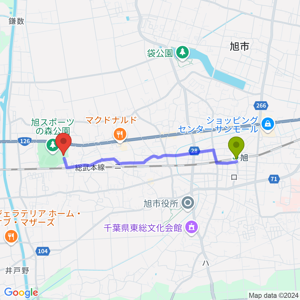 旭市総合体育館の最寄駅旭駅からの徒歩ルート（約36分）地図