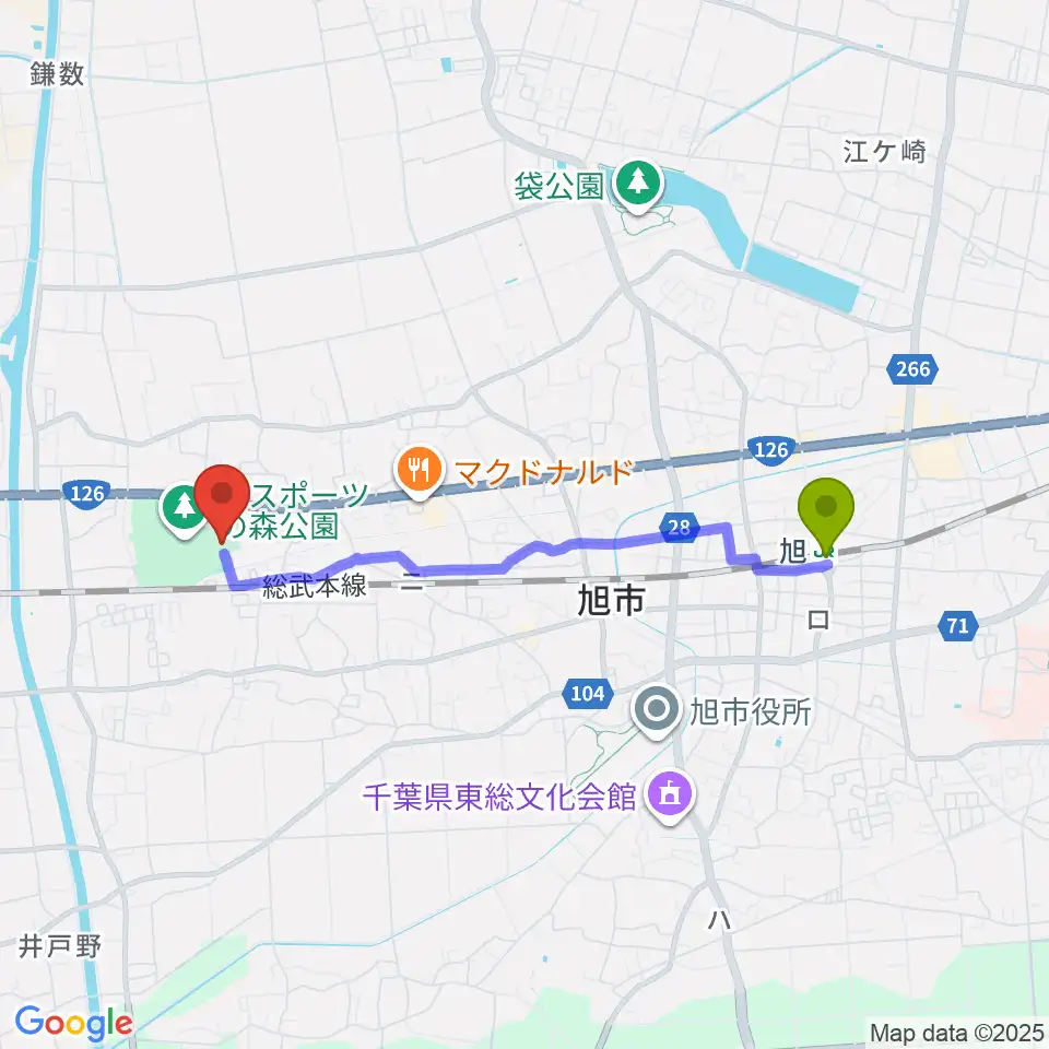 旭市総合体育館の最寄駅旭駅からの徒歩ルート（約36分）地図