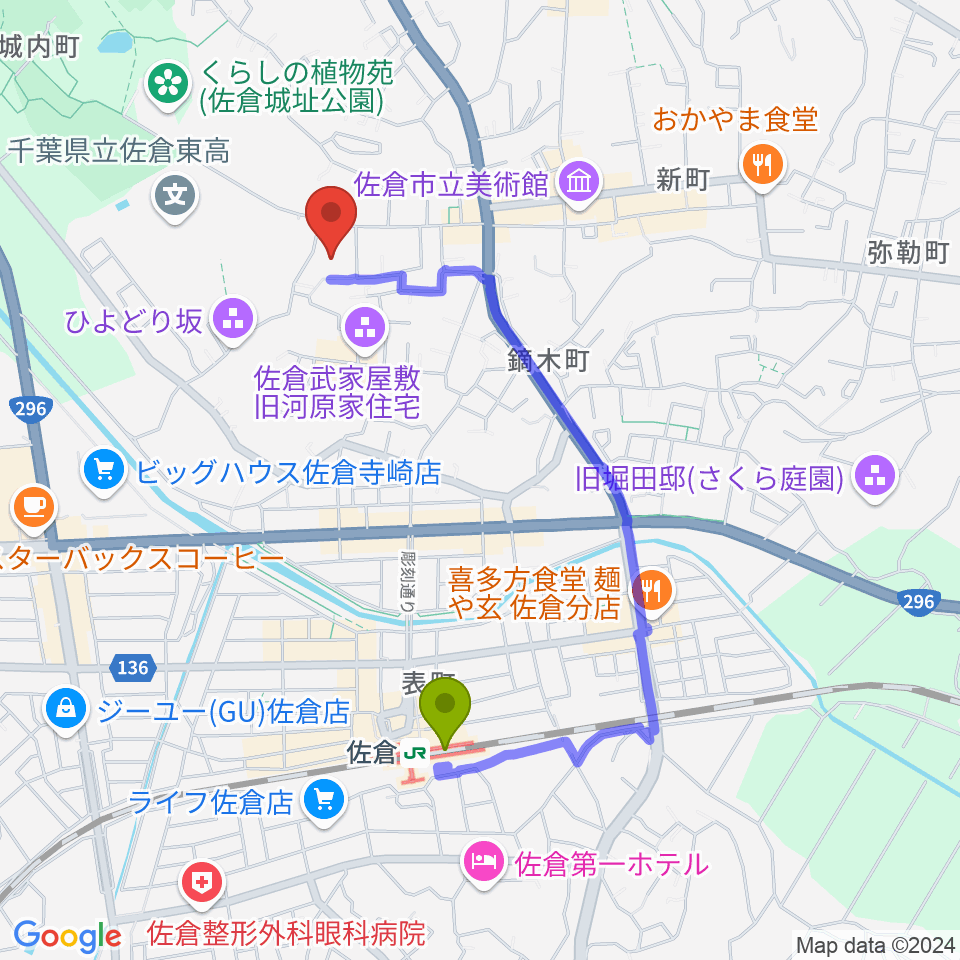 佐倉駅から佐倉市民体育館へのルートマップ地図