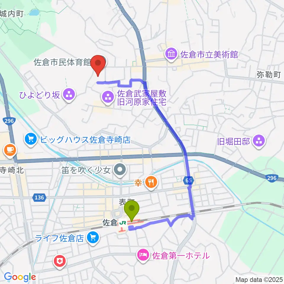 佐倉駅から佐倉市民体育館へのルートマップ地図