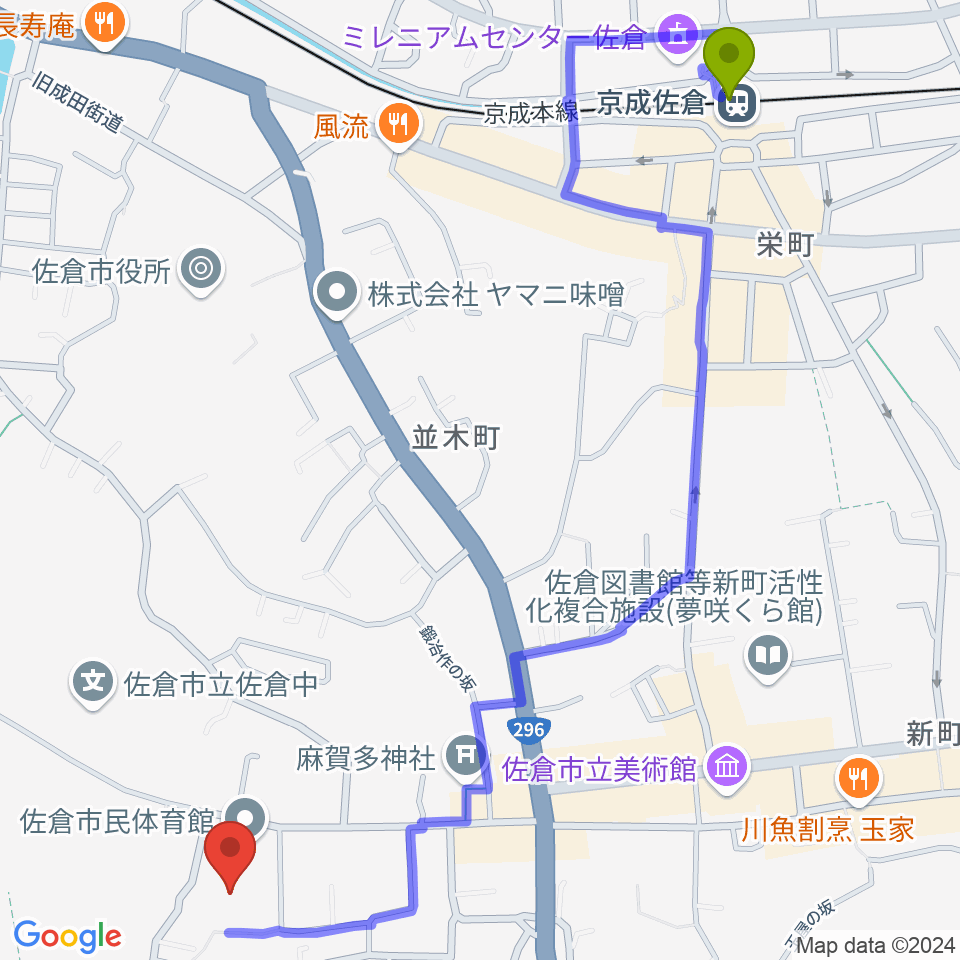 佐倉市民体育館の最寄駅京成佐倉駅からの徒歩ルート（約15分）地図