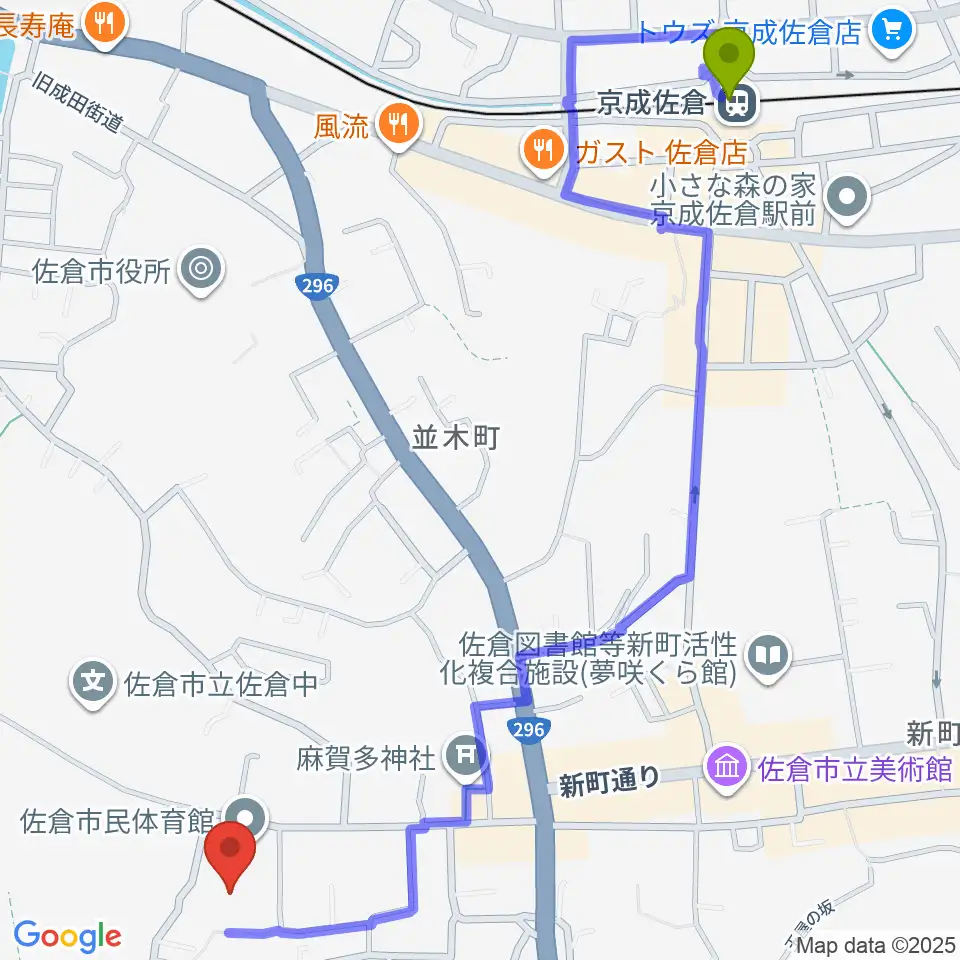 佐倉市民体育館の最寄駅京成佐倉駅からの徒歩ルート（約15分）地図