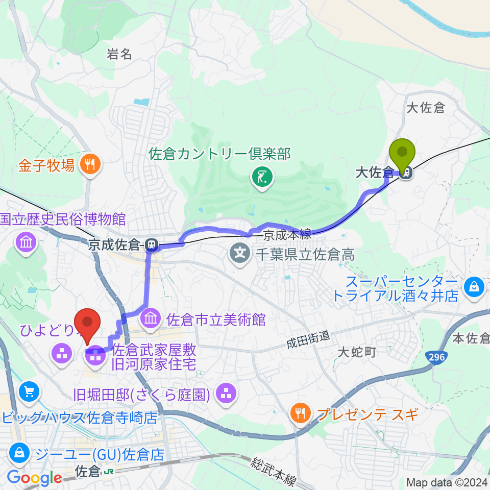 大佐倉駅から佐倉市民体育館へのルートマップ地図