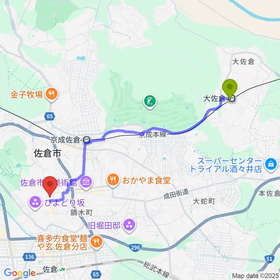 大佐倉駅から佐倉市民体育館へのルートマップ地図
