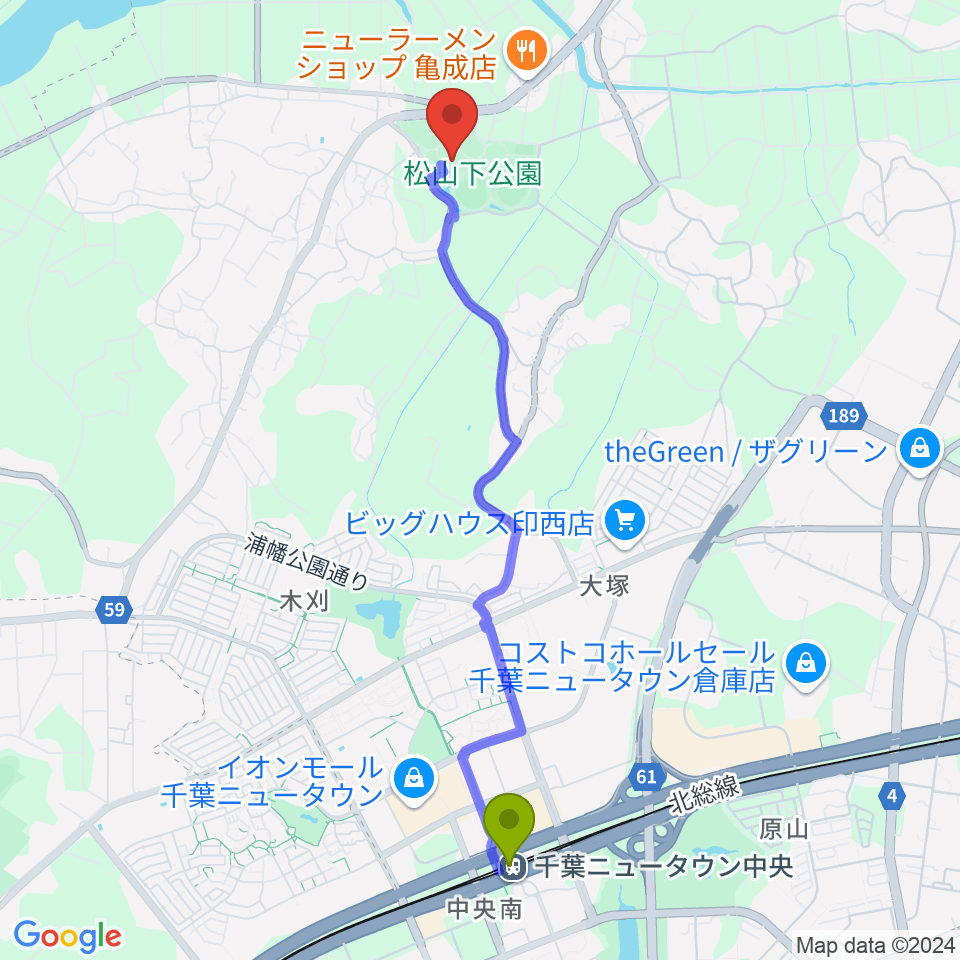 松山下公園総合体育館の最寄駅千葉ニュータウン中央駅からの徒歩ルート（約46分）地図