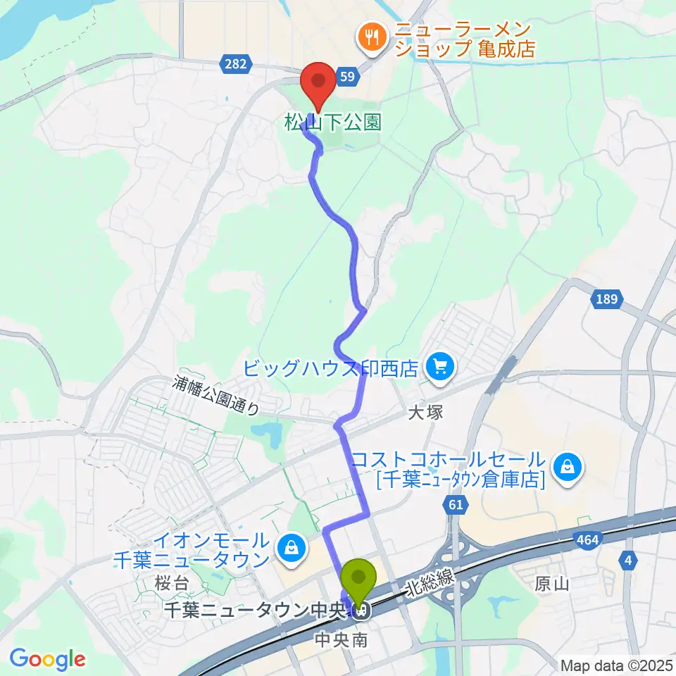 松山下公園総合体育館の最寄駅千葉ニュータウン中央駅からの徒歩ルート（約46分）地図