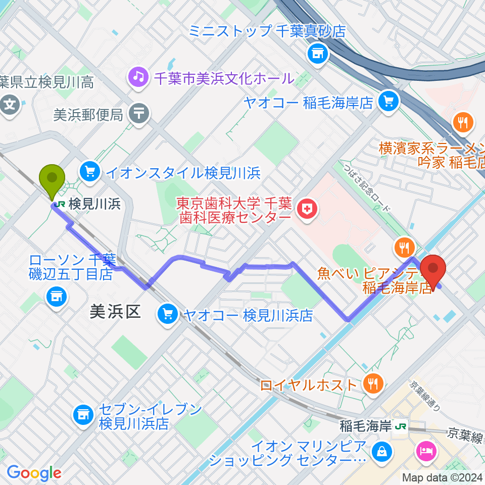 検見川浜駅から高洲スポーツセンターへのルートマップ地図