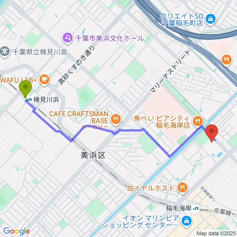 検見川浜駅から高洲スポーツセンターへのルートマップ地図