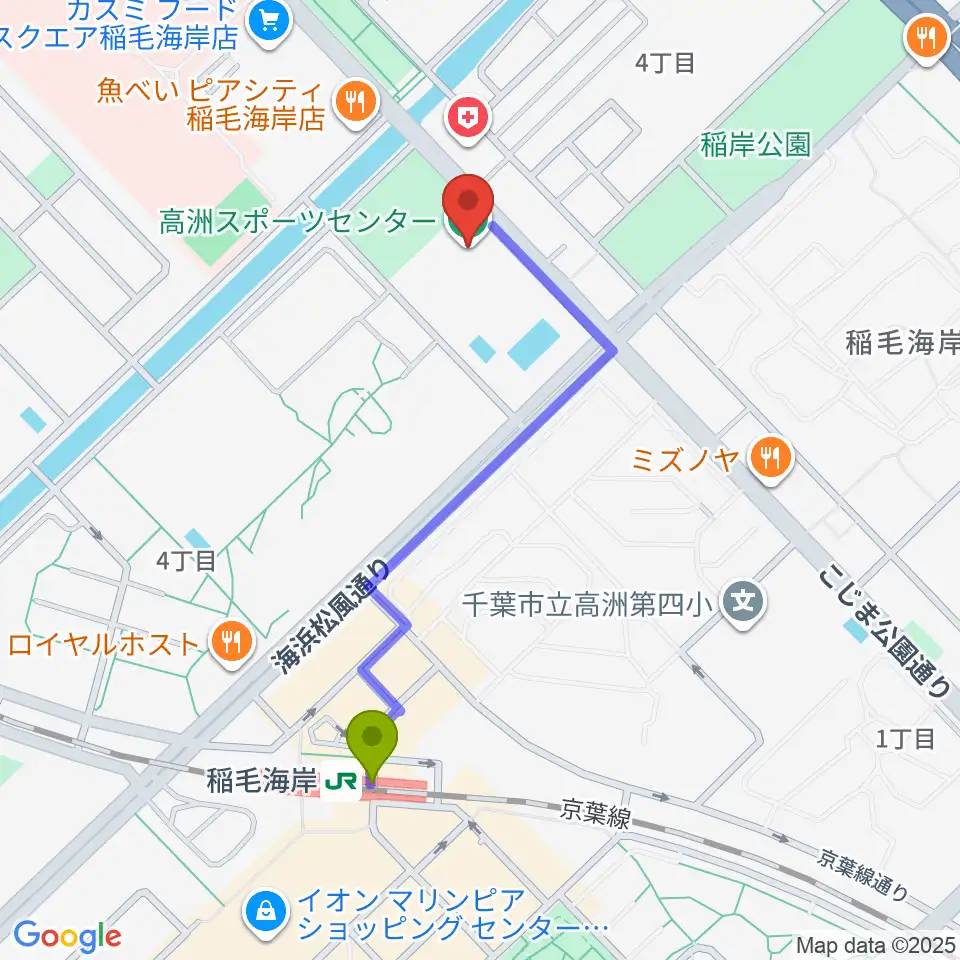 高洲スポーツセンターの最寄駅稲毛海岸駅からの徒歩ルート（約9分）地図