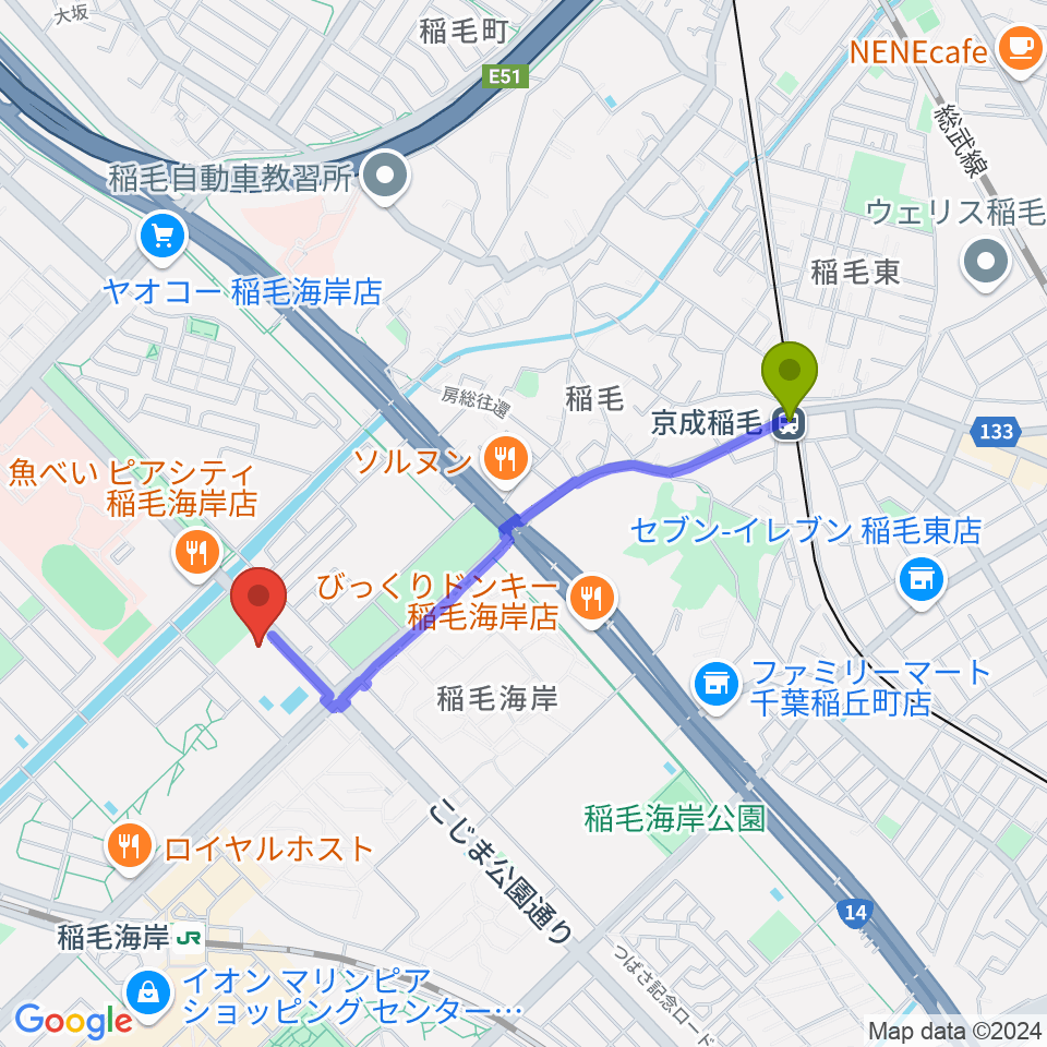 京成稲毛駅から高洲スポーツセンターへのルートマップ地図