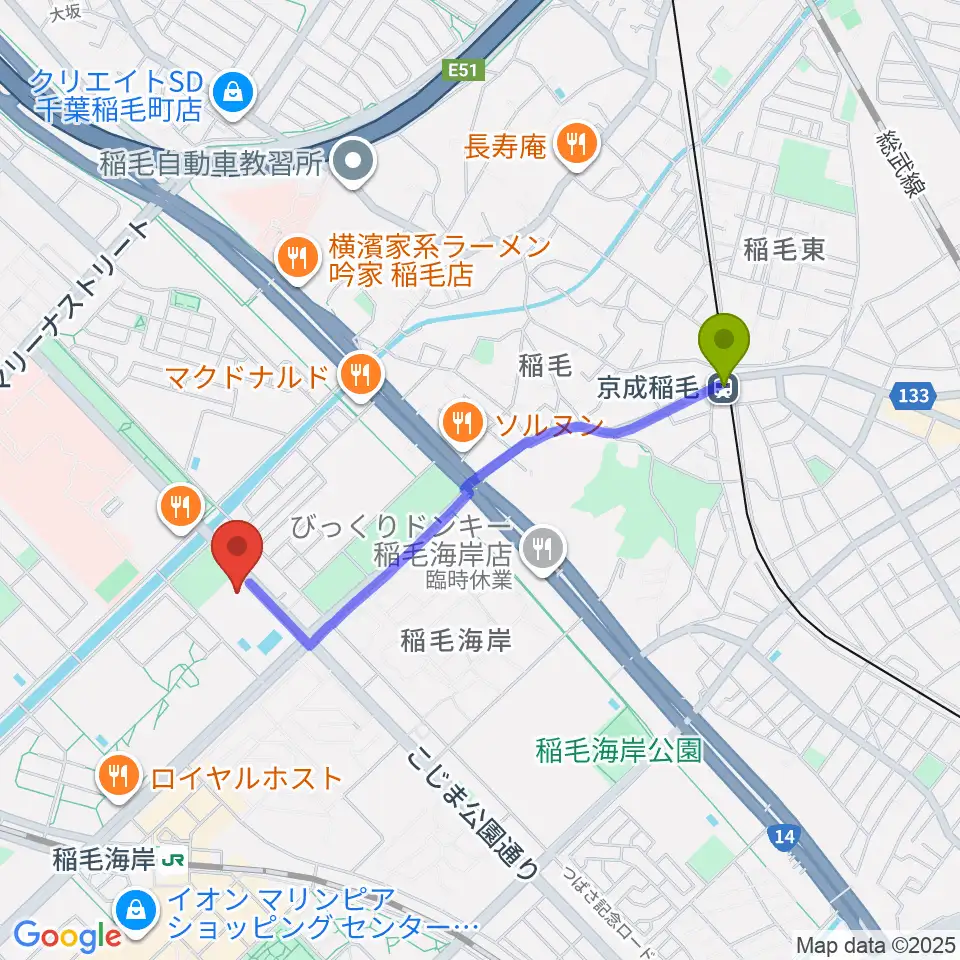 京成稲毛駅から高洲スポーツセンターへのルートマップ地図