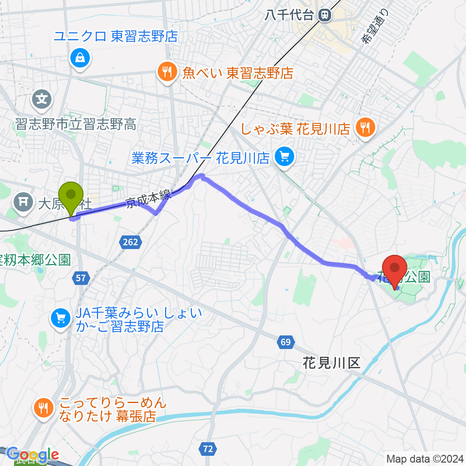 実籾駅から花島公園スポーツ施設へのルートマップ地図