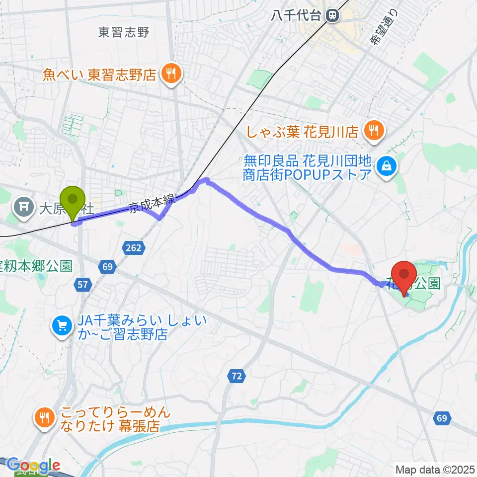 実籾駅から花島公園スポーツ施設へのルートマップ地図