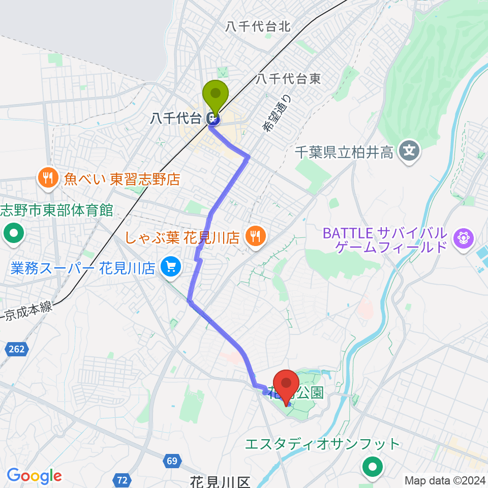 花島公園スポーツ施設の最寄駅八千代台駅からの徒歩ルート（約38分）地図