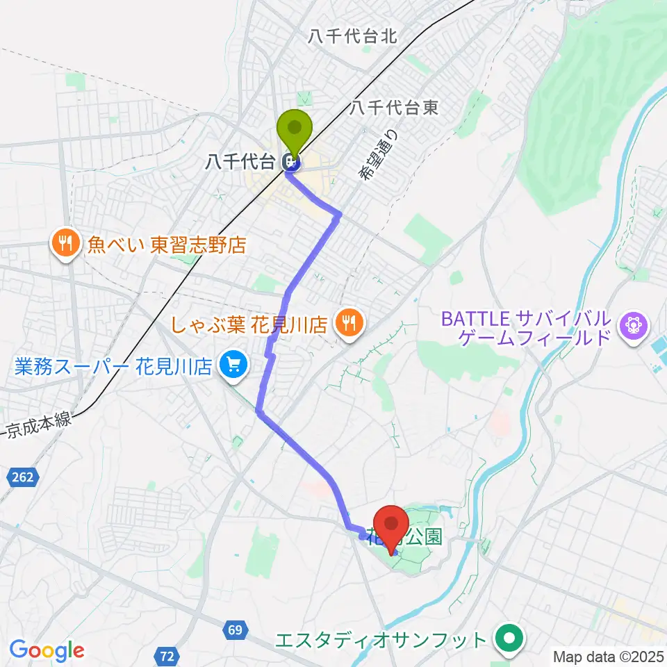 花島公園スポーツ施設の最寄駅八千代台駅からの徒歩ルート（約38分）地図