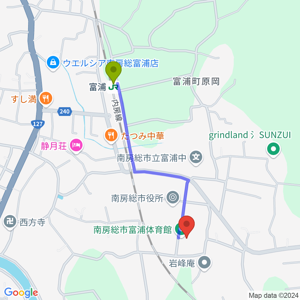 南房総市富浦体育館の最寄駅富浦駅からの徒歩ルート（約9分）地図