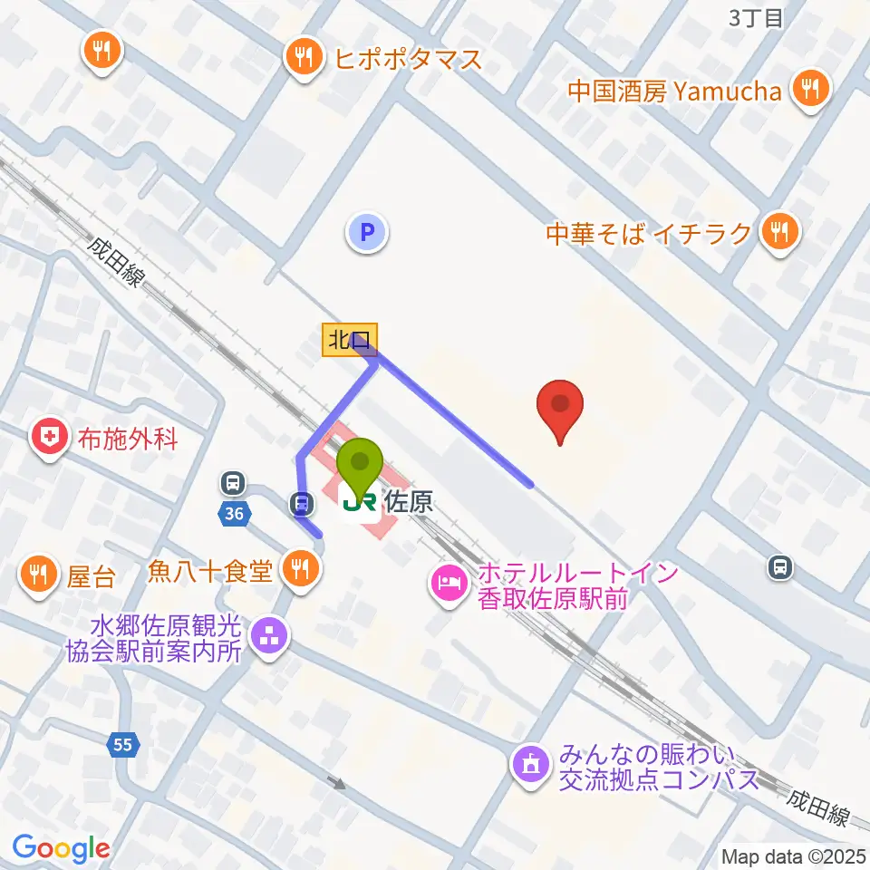 香取市民体育館の最寄駅佐原駅からの徒歩ルート（約2分）地図