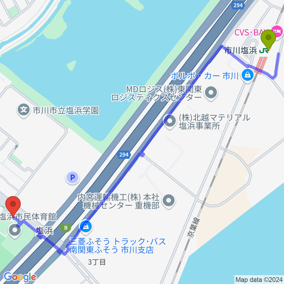 市川市塩浜市民体育館の最寄駅市川塩浜駅からの徒歩ルート（約17分）地図