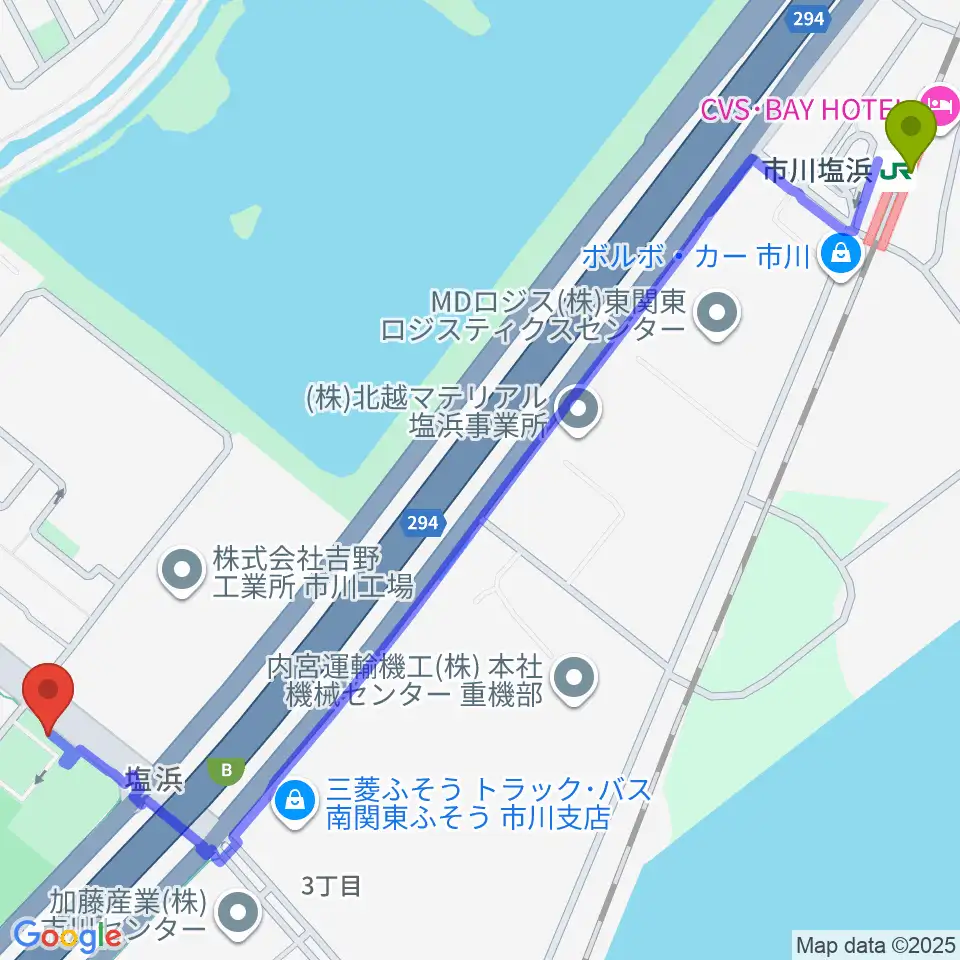 市川市塩浜市民体育館の最寄駅市川塩浜駅からの徒歩ルート（約17分）地図