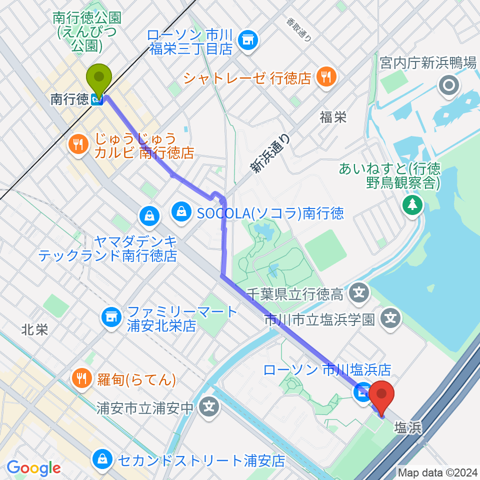 南行徳駅から市川市塩浜市民体育館へのルートマップ地図