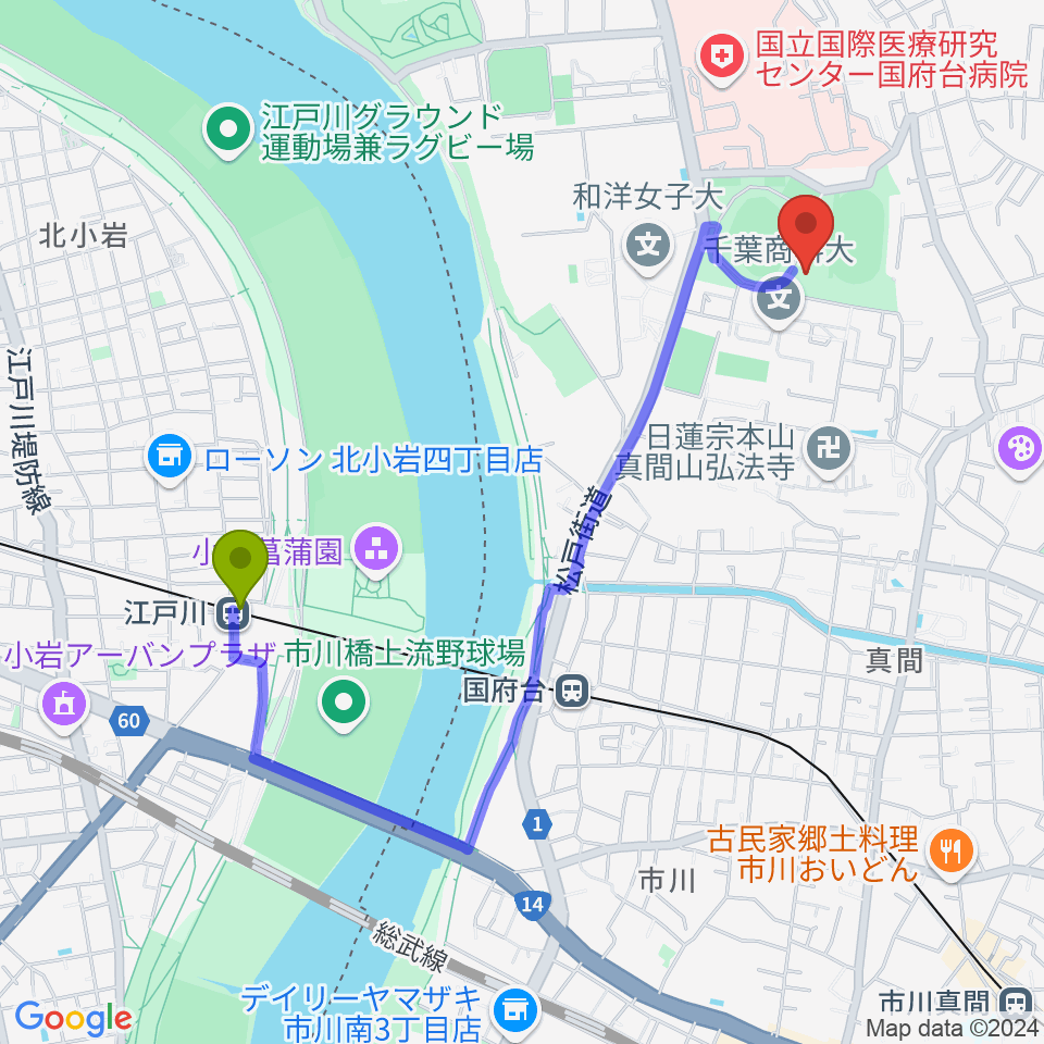 江戸川駅から国府台市民体育館へのルートマップ地図