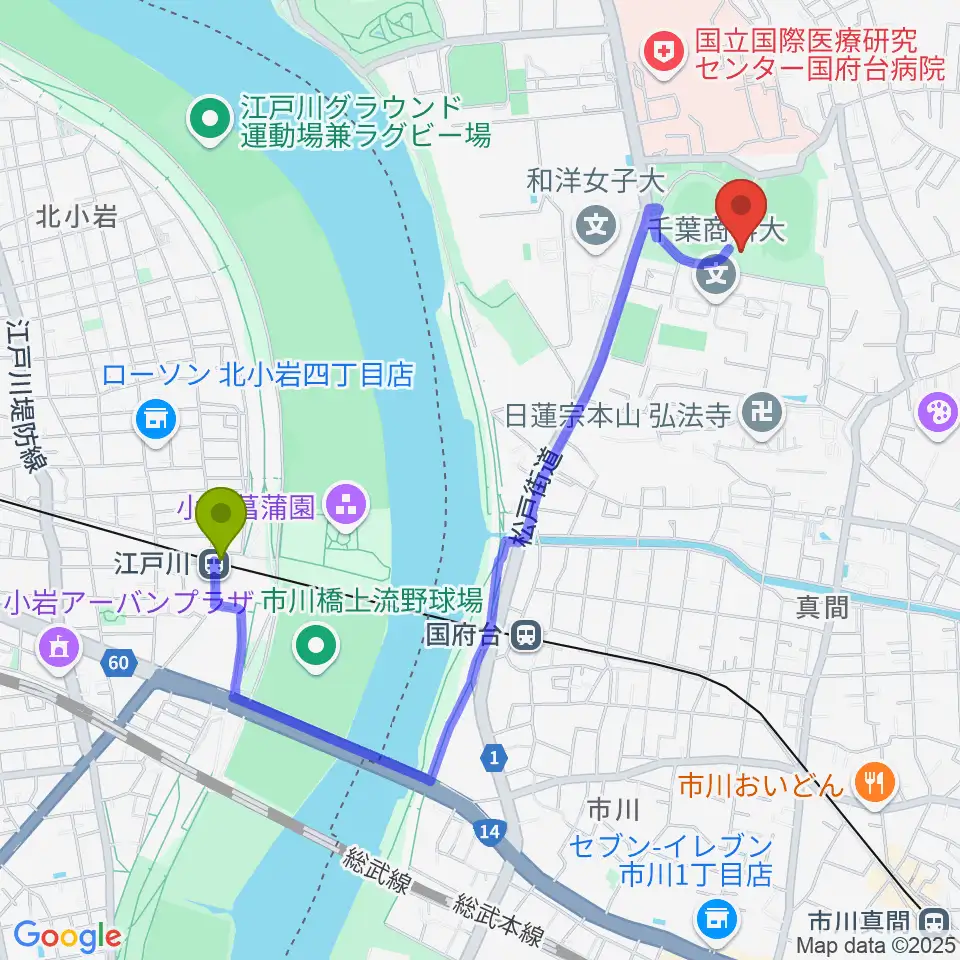 江戸川駅から国府台市民体育館へのルートマップ地図