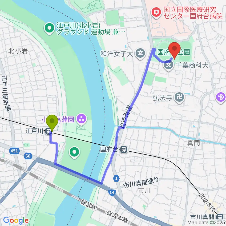 江戸川駅から国府台市民体育館へのルートマップ地図