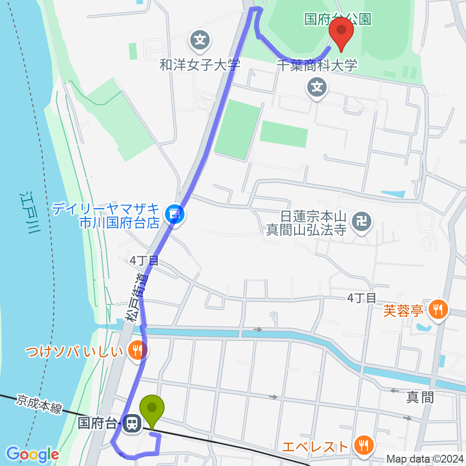 国府台市民体育館の最寄駅国府台駅からの徒歩ルート（約14分）地図