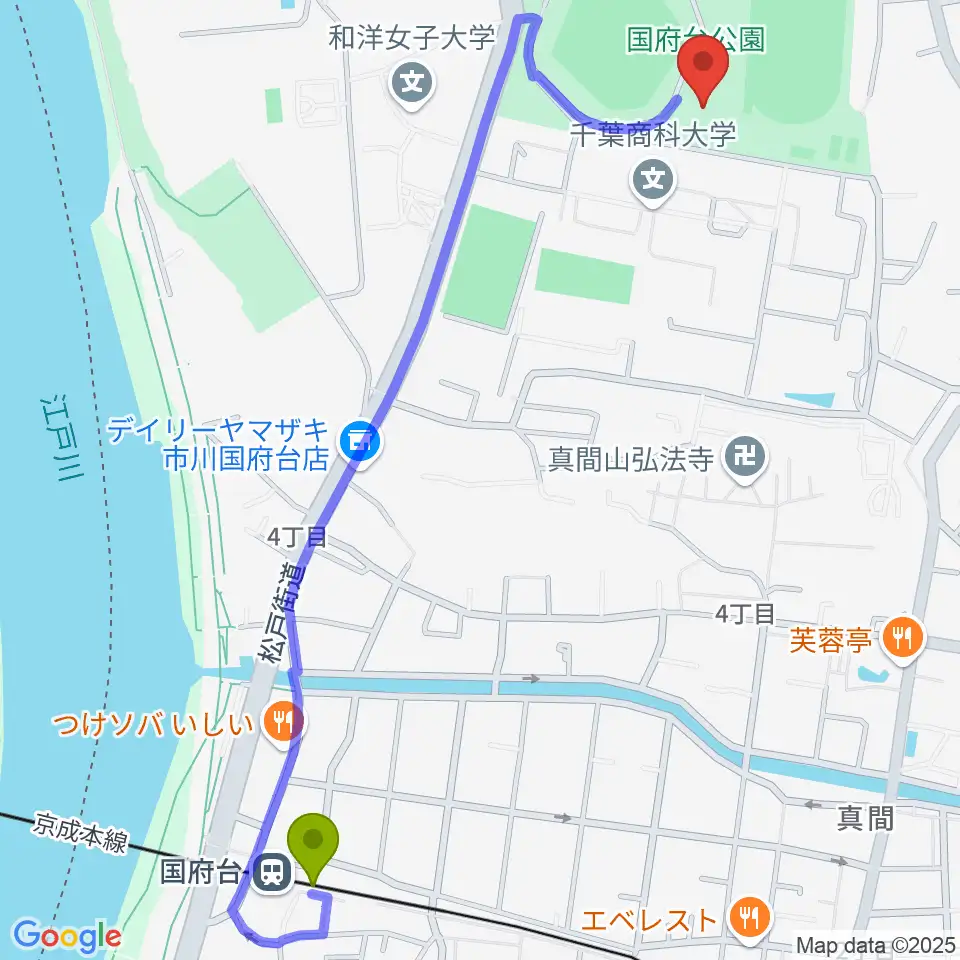 国府台市民体育館の最寄駅国府台駅からの徒歩ルート（約14分）地図