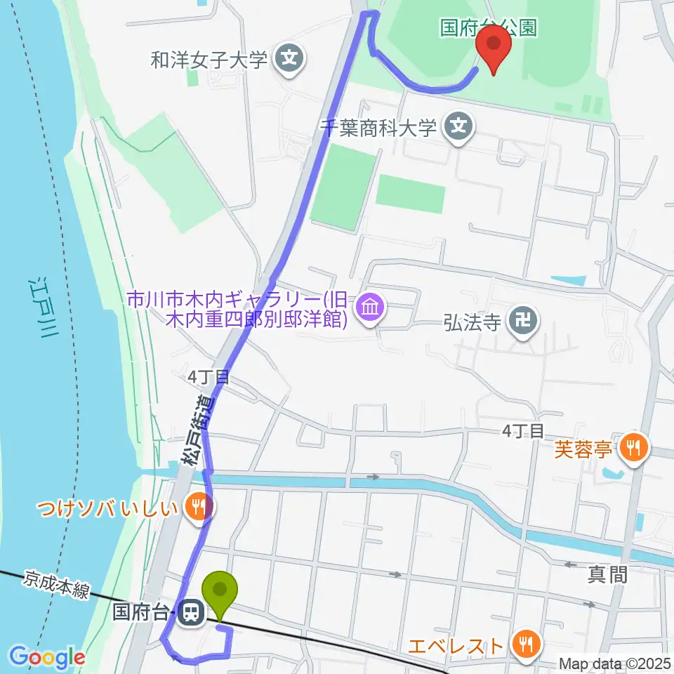 国府台市民体育館の最寄駅国府台駅からの徒歩ルート（約14分）地図