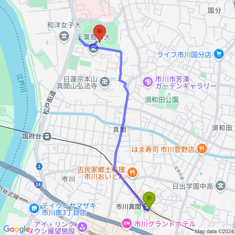 市川真間駅から国府台市民体育館へのルートマップ地図