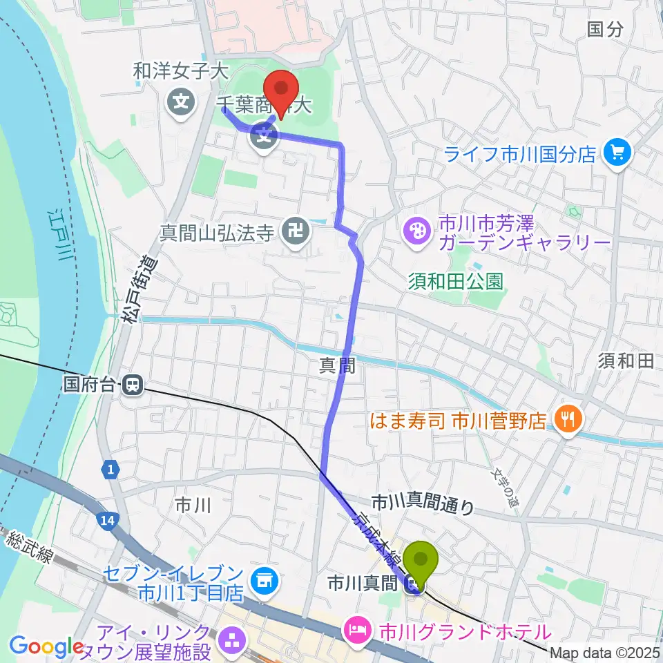 市川真間駅から国府台市民体育館へのルートマップ地図