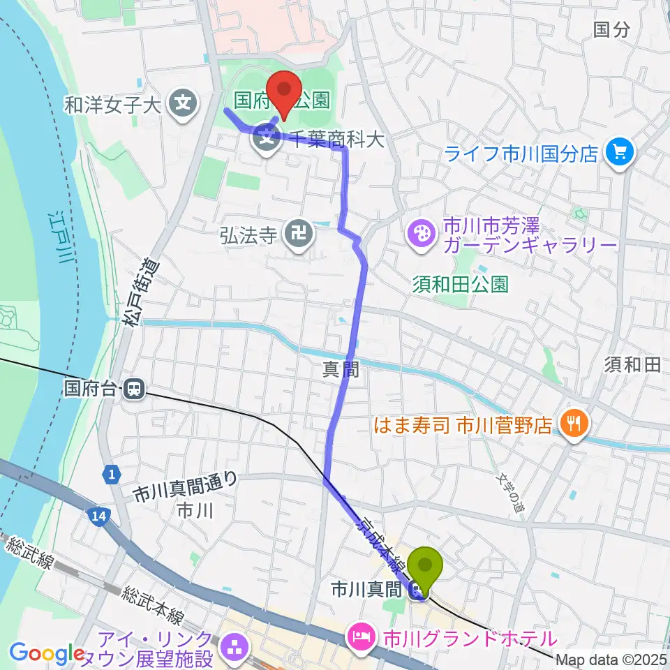 市川真間駅から国府台市民体育館へのルートマップ地図