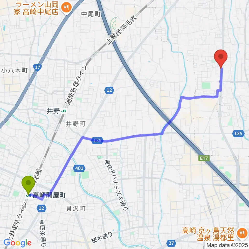 高崎問屋町駅から前橋アキュラシーへのルートマップ地図