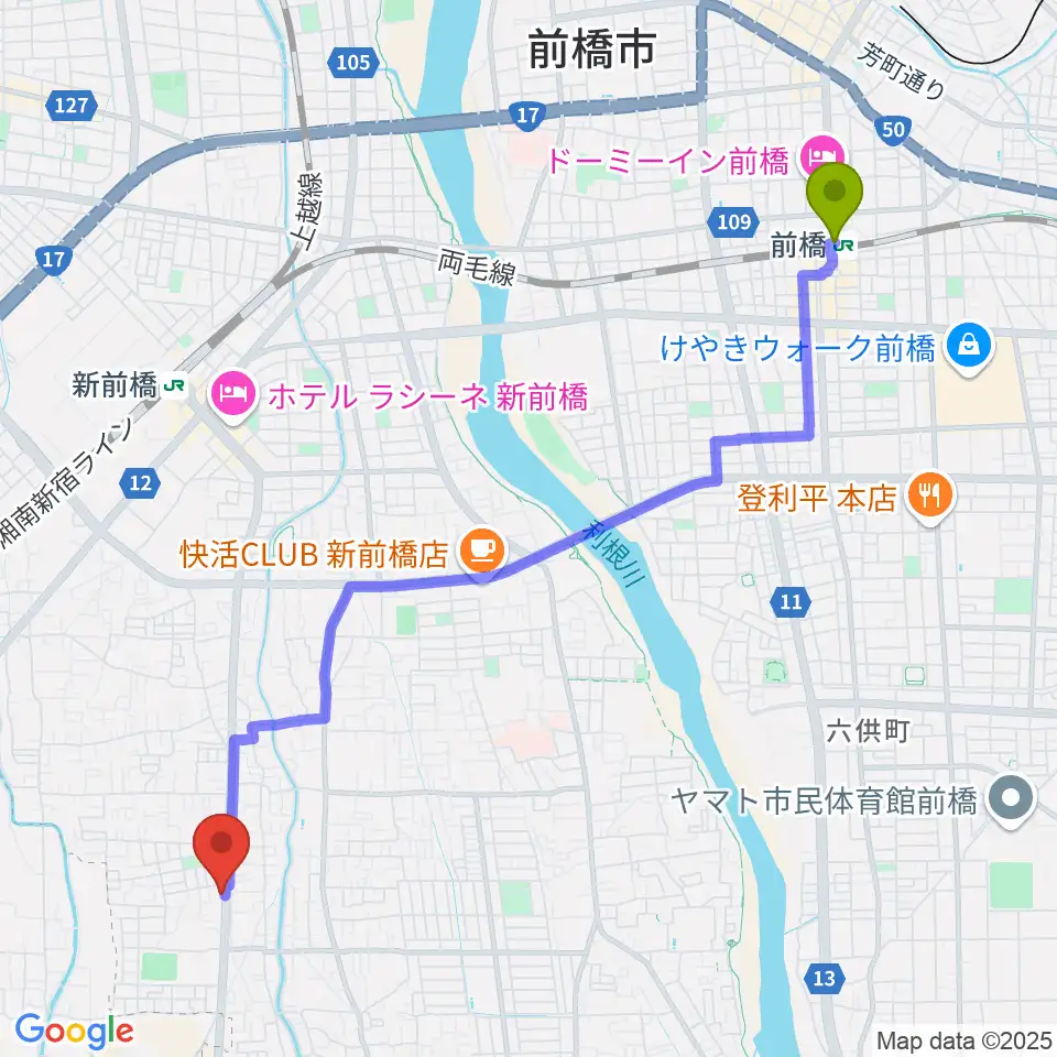 前橋駅から前橋アキュラシーへのルートマップ地図