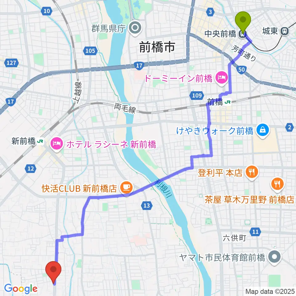 中央前橋駅から前橋アキュラシーへのルートマップ地図