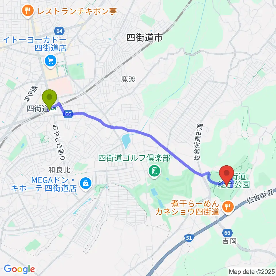 四街道総合公園体育館の最寄駅四街道駅からの徒歩ルート（約43分）地図