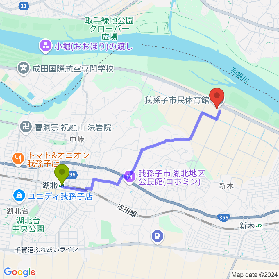 湖北駅から我孫子市民体育館へのルートマップ地図