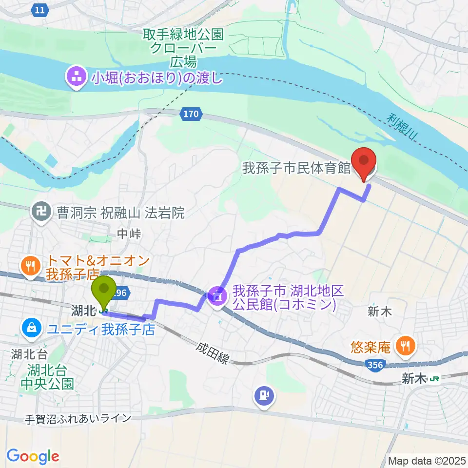 湖北駅から我孫子市民体育館へのルートマップ地図