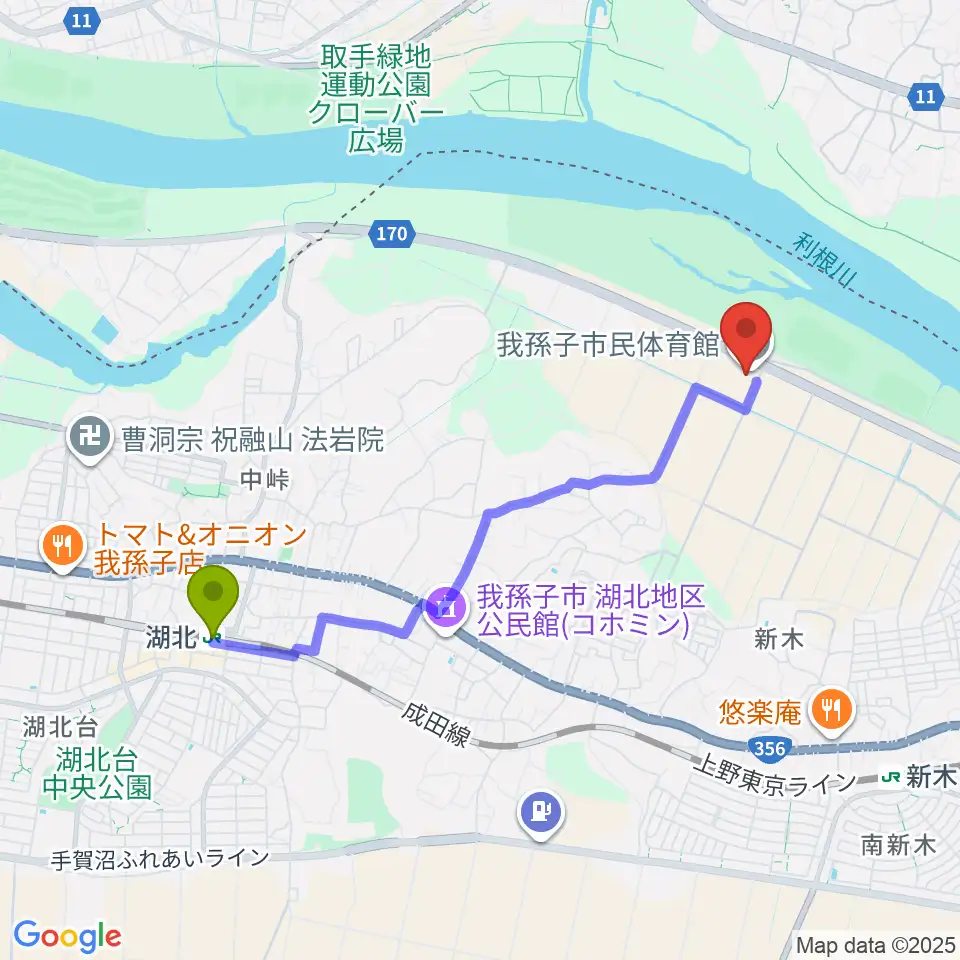 湖北駅から我孫子市民体育館へのルートマップ地図