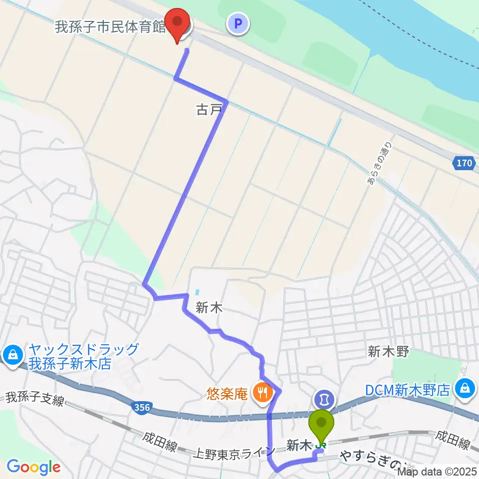 我孫子市民体育館の最寄駅新木駅からの徒歩ルート（約27分）地図