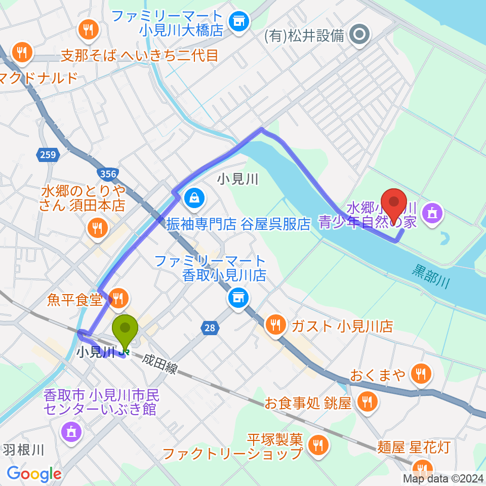 小見川スポーツ・コミュニティセンターの最寄駅小見川駅からの徒歩ルート（約19分）地図