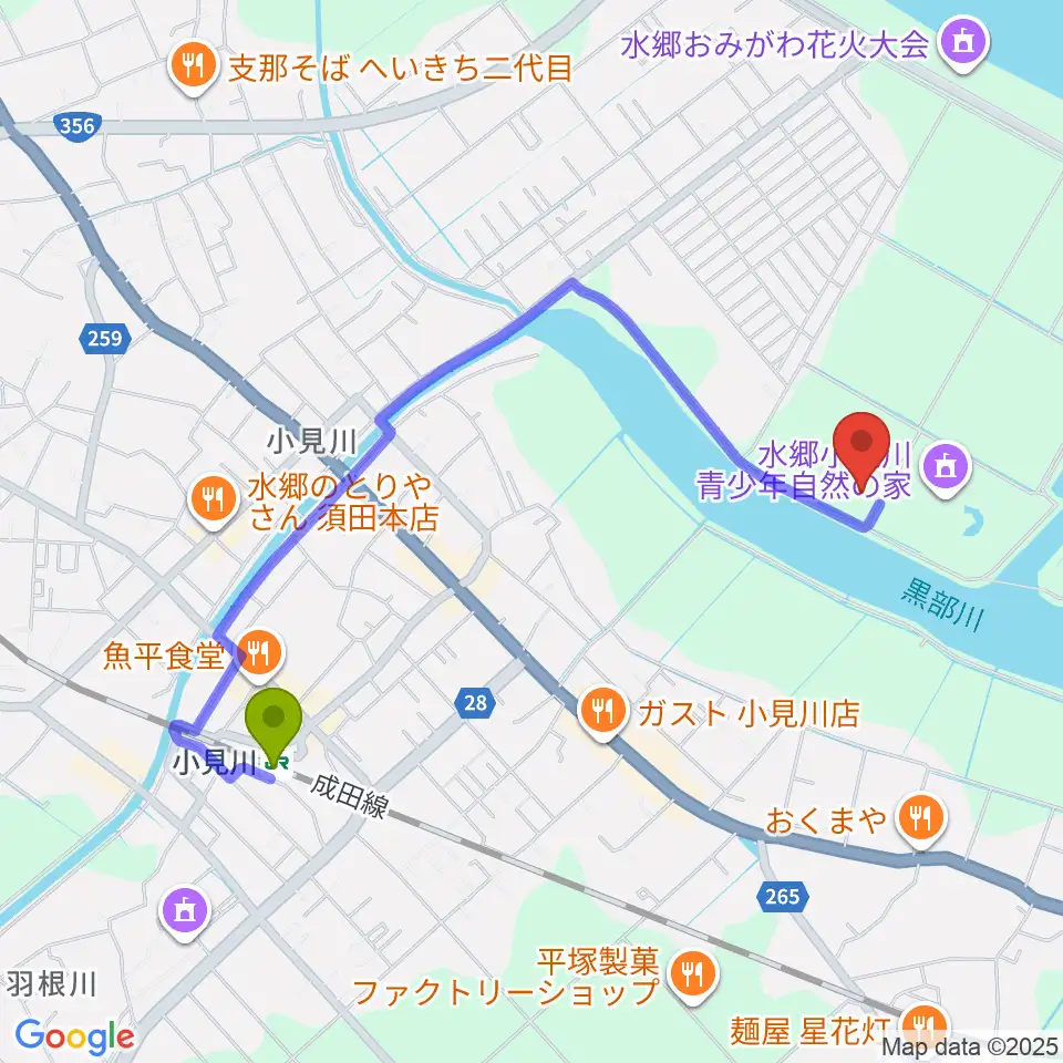 小見川スポーツ・コミュニティセンターの最寄駅小見川駅からの徒歩ルート（約19分）地図