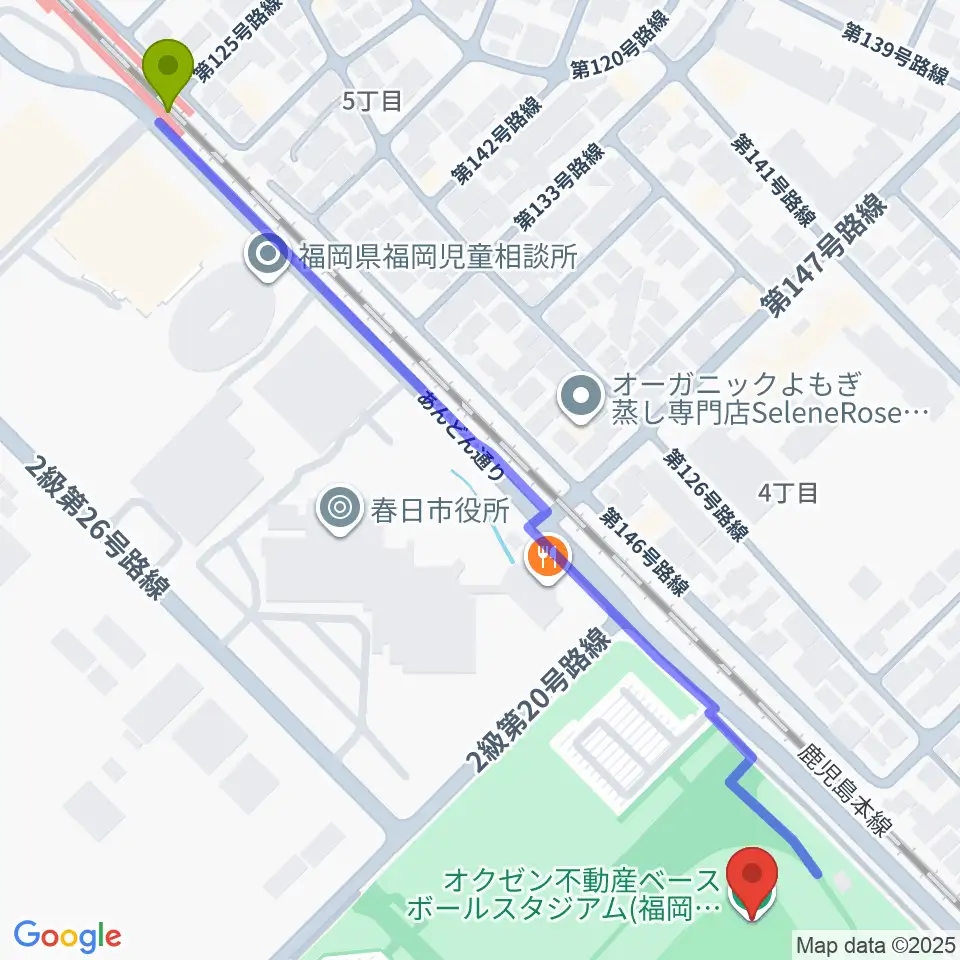オクゼン不動産ベースボールスタジアムの最寄駅春日駅からの徒歩ルート（約8分）地図