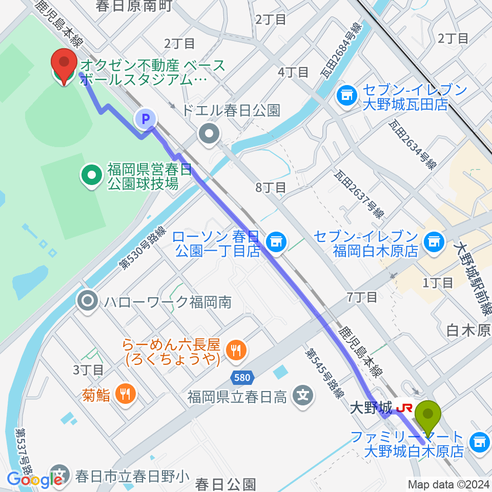 大野城駅からオクゼン不動産ベースボールスタジアムへのルートマップ地図