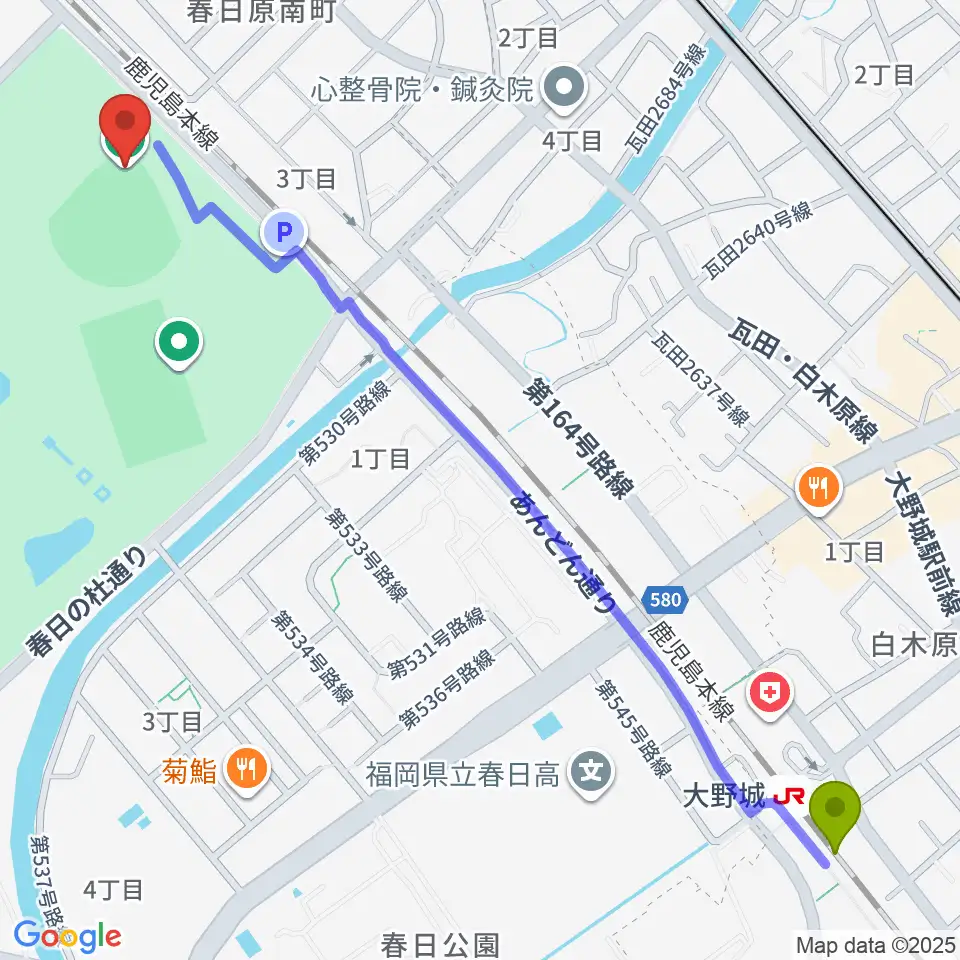 大野城駅からオクゼン不動産ベースボールスタジアムへのルートマップ地図