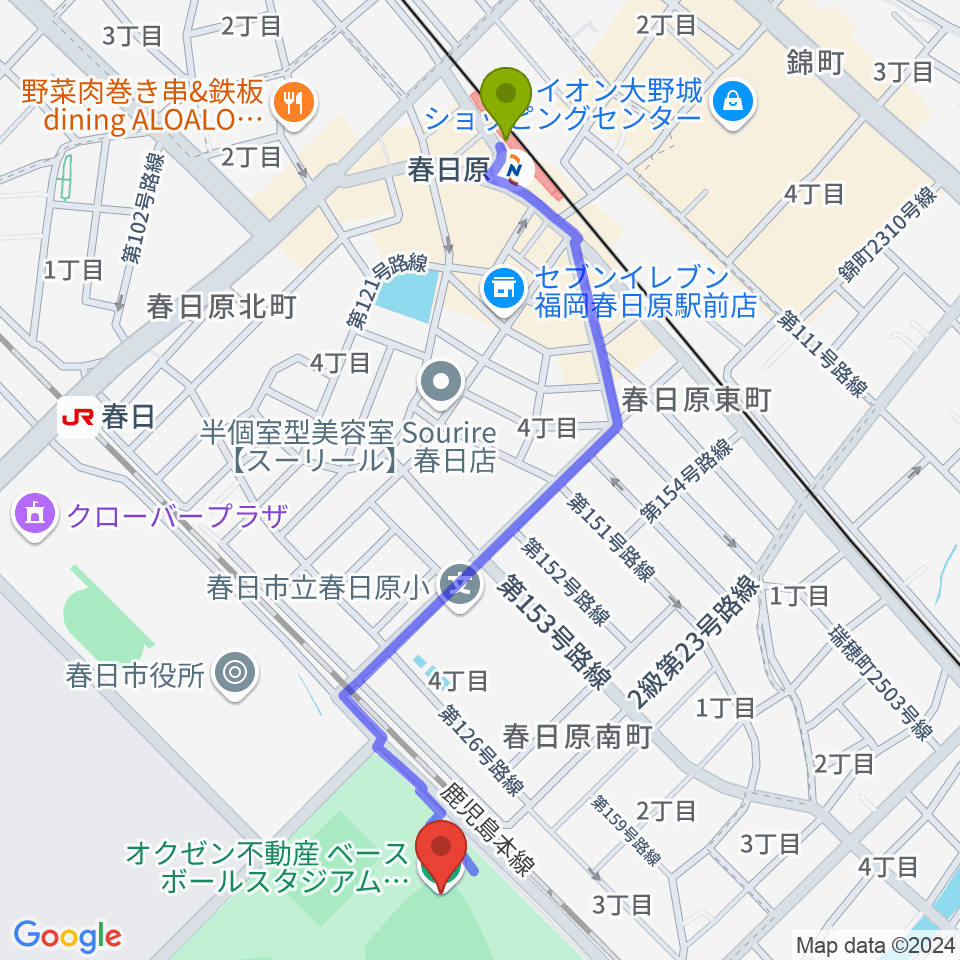 春日原駅からオクゼン不動産ベースボールスタジアムへのルートマップ地図