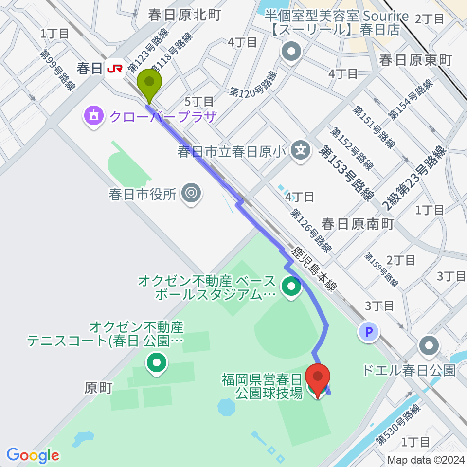 オクゼン不動産フットボールスタジアムの最寄駅春日駅からの徒歩ルート（約12分）地図